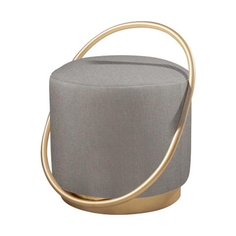 Puff Redondo Lunar em Linho e Base Metal Dourado Linho Cinza
