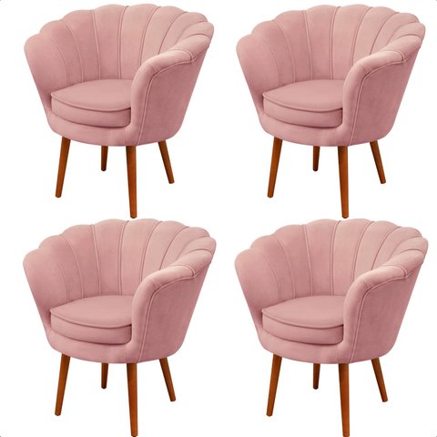 Kit 4 Poltrona Sala Decorativa Pétala Veludo Rosa Pés Palito Castanho - Arkell