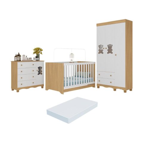 Quarto de Bebê Completo C/berço Americano 3 em 1 Colchão Ternura Multimóveis Mp4671 Madeirado/