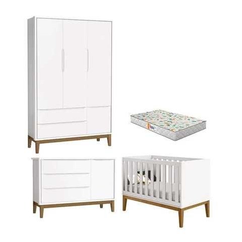 Quarto de Bebê 3 Portas New Classic Branco com Pés Madeira e Colchão - Reller:Branco/Madeira