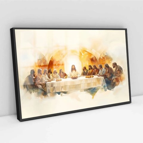 Quadro Minimalista Santa Ceia Aquarela - 50x70cm:moldura Preta