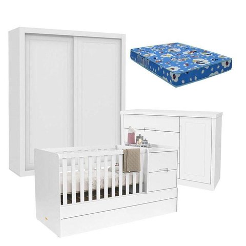 Quarto de Bebê 2 Portas Tutto New com Berço Multifuncional Formare Branco Acetinado e Colchão - Mati