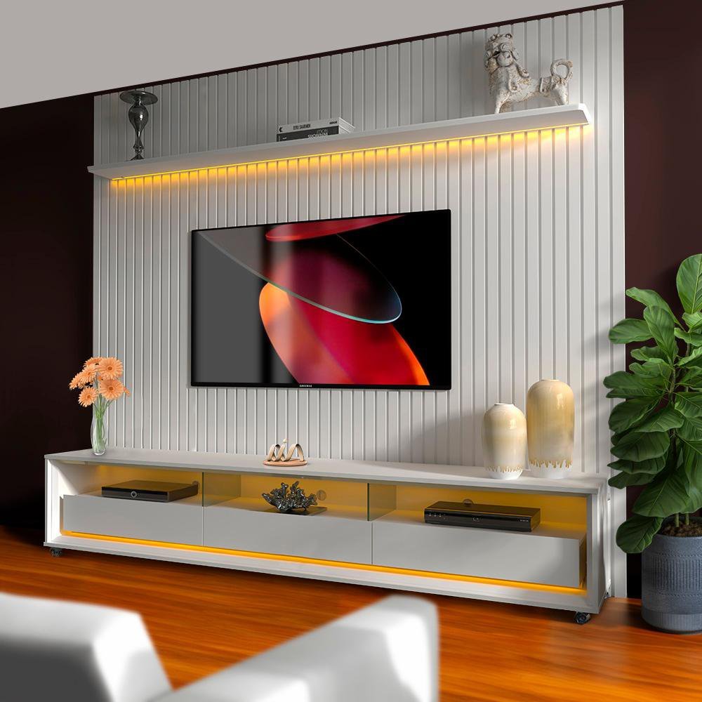 Painel Com Rack Com Rodízio 85 Polegadas Branco Azir Shop Jm ...
