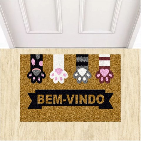 Tapete para Porta de Entrada Bem Vindo Gatos Pets 60x40 Cm.