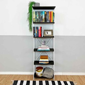 Estante Torre Industrial de Ferro e Madeira Slim 6 Prateleiras Tabaco e Branco