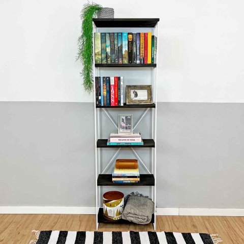 Estante Torre Industrial de Ferro e Madeira Slim 6 Prateleiras Tabaco e Branco