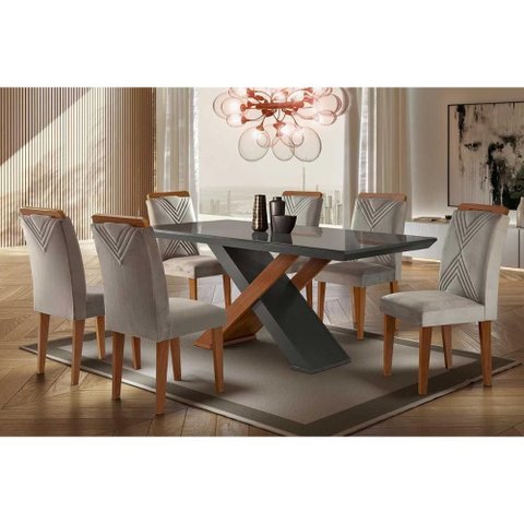 Conjunto: Mesa de Cozinha Imperatriz Tampo Madeirado C/ Vidro Reto 180x90 e 6 Cadeiras Amsterdã