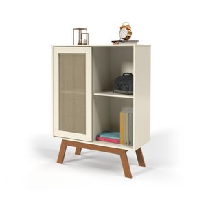 Balcão Alto Aparador Buffet com Porta de Correr Rattan Off-white