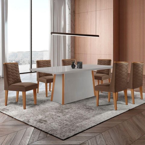 Mesa de Jantar Diane 180cm Tampo Mdf Vidro 6 Cadeiras Safira Moderna Veludo Marrom Off White