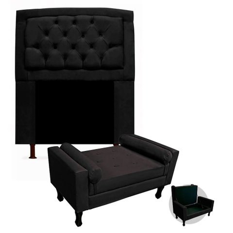 Kit Cabeceira Geovana + Calçadeira Baú Felix Solteiro 90cm Suede - Ecotec Decor:Preto