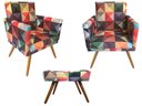 Ver imagem 1 de Kit 2 Poltronas Decorativa Nina + Puff Retangular Suede Triângulo Pés Madeira Ms Decor