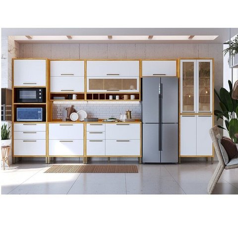 Cozinha Completa Modulada 100% MDF 7 Peças 14 Portas 6 Gavetas e Vidro 429cm Vicenza Espresso Móveis Branco/Amêndoa