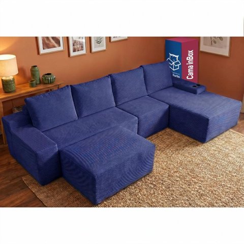 Sofá Evo 3,40m Molas Ensacadas com Apoio Chaise Lounge Direita Velourê Azul Cama Inbox