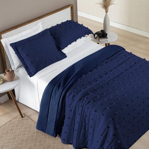 Conjunto Cama Queen Size Istambul Colcha Poppy Dupla Face 300 Fios Super Elegante:AZUL