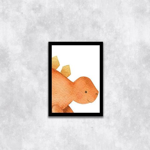 Quadro Decorativo Infantil Dinossauro Laranja 33x24cm - com vidro:Madeira branca