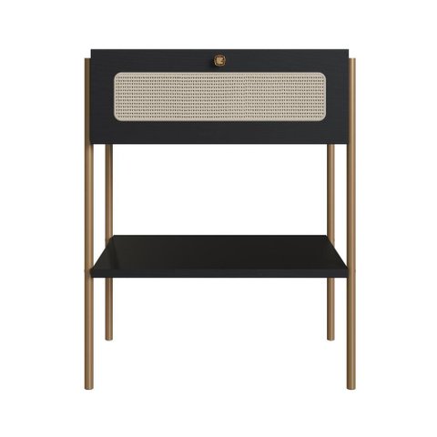 Mesa de Cabeceira 1 Gaveta Palhinha Pé Metal Oslo Artesano | Nero/dourado