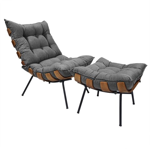 Poltrona Costela com Puff Costela - Linho Grafite - Moveis Roperi