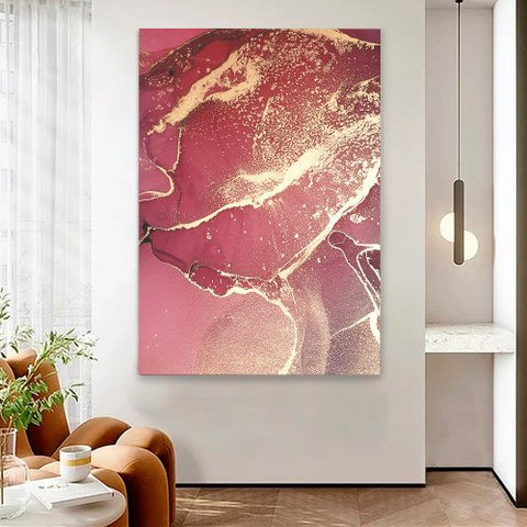 Quadro Decorativo em Canvas Abstrato Mármore Rosa Perolado TaColado Moldura Flutuante 4,5cm Freijó 1