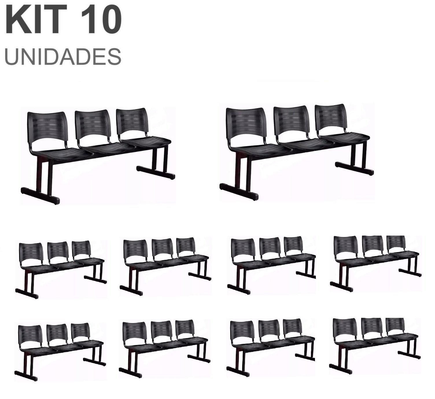 Kit 10 Cadeiras Longarinas Plásticas 03 Lugares – Cor Preta – 23026