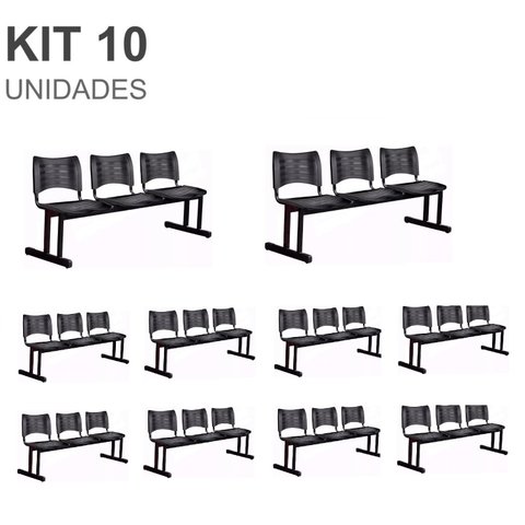 Kit 10 Cadeiras Longarinas Plásticas 03 Lugares – Cor Preta – 23026