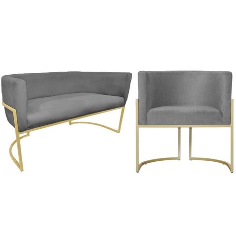 Kit Namoradeira + 1 Poltrona Decorativa Luana Suede Cinza Base Dourada Ms Decor