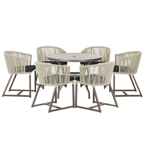 Mesa com 6 Cadeiras de Jantar Roma 120cm e Noronha em Alumínio Marrom Corda Náutica Estofado 12 Tram