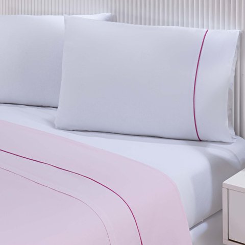 Jogo de Cama Lençol 100% Algodão Percal 150 Fios Casal Gran Moratta 4 Peças - Branco e Rosa