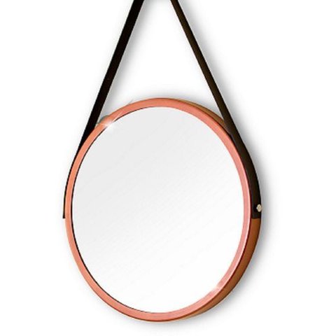 Espelho Redondo Decorativo Suspenso com Alça 60cm e Suporte - Cobre Alça Preta