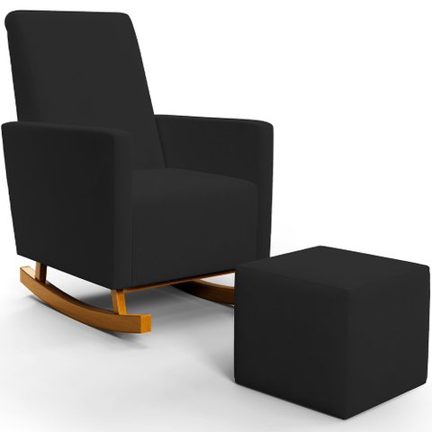 Poltrona de Amamentação com Balanço e Puff Ravena W01 Suede Preto - Lyam Decor