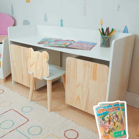 Escrivaninha Infantil Bancada Organizadora g - Urso Kit Livro Educativo em Madeira - Pinus