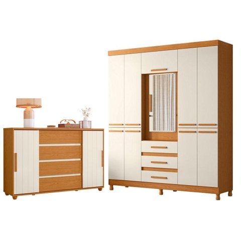 Guarda Roupa Casal New Fusion 10 Portas e Cômoda Evidenza Cinamomo Off White Flex - Móveis