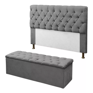 kit Cabeceira E Calçadeira Baú solteiro cinza 0,90 cm Sofia Suede
