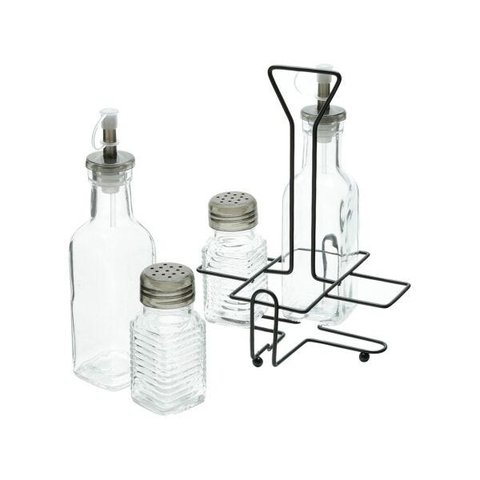 Galheteiro 4 Peças Vidro com Suporte de Ferro Preto Lyor