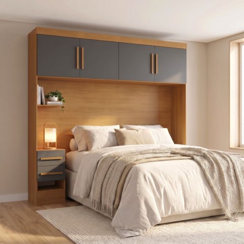 Ponte Aérea Modular Casal com 2 Gavetas 100% MDF Smart Cinza/Cinamomo/Chumbo