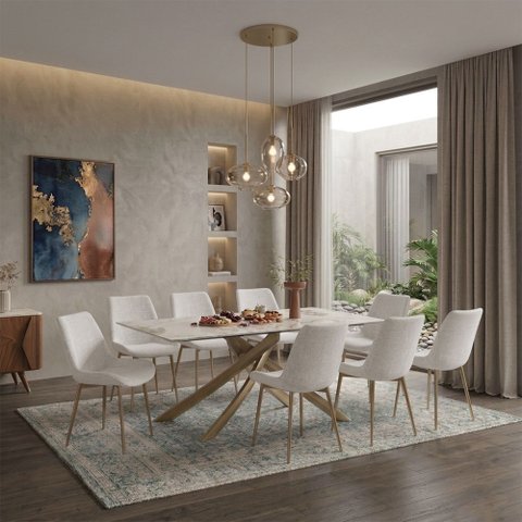 Conjunto Mesa de Jantar Lara 180cm Cerâmica Base Aço Carbono Bronze com 8 Cadeiras Linho Sala - Cru