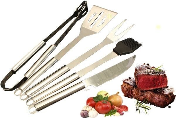 Kit Churrasco 5 Peças em Inox com Estojo Garfo Pegador Faça Pincel Espátula - 4