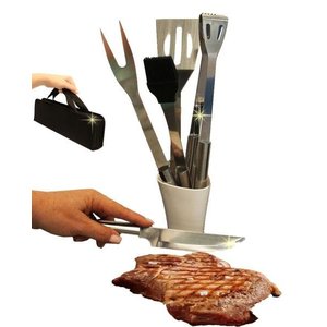 Kit Churrasco 5 Peças em Inox com Estojo Garfo Pegador Faça Pincel Espátula