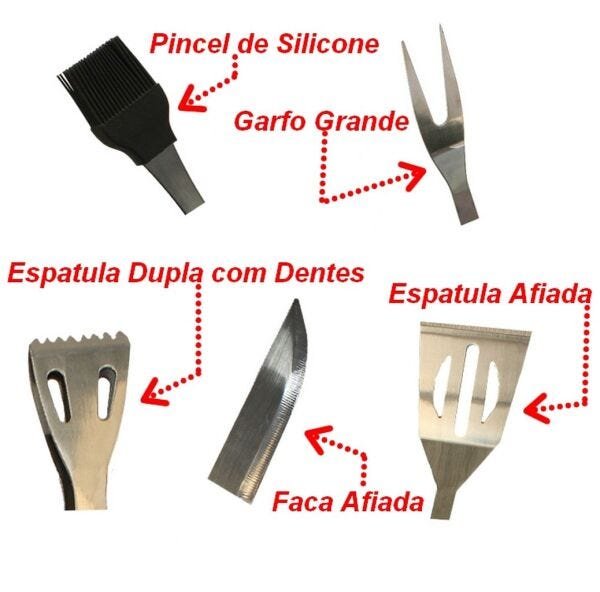 Kit Churrasco 5 Peças em Inox com Estojo Garfo Pegador Faça Pincel Espátula - 3