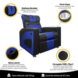 Poltrona Gamer Streamer Sparta com Carregador Usb Corino Preto/azul Sofa Store - 10