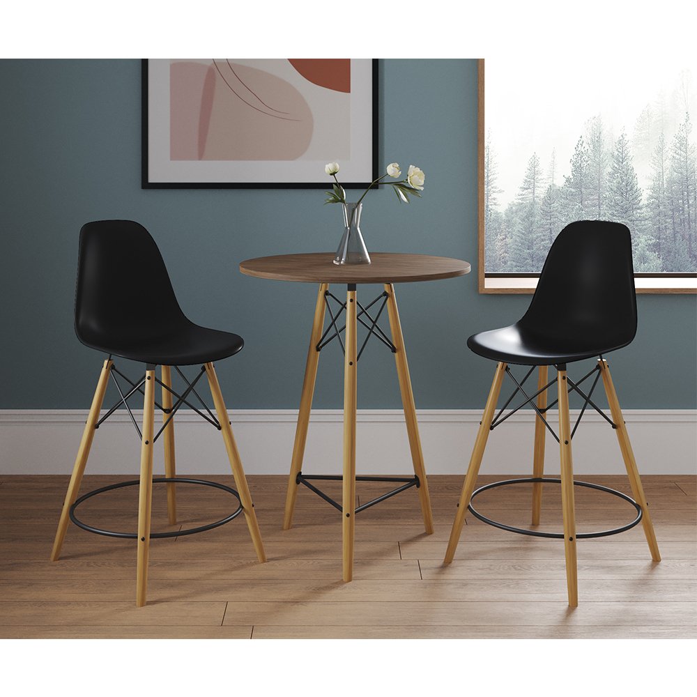 Mesa Bistrô Eames Eiffel Amêndoa com 2 Banquetas Pretas de Madeira