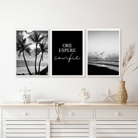 Kit 3 Quadros Praia Preto e Branco Ore Espere Confie 24x18cm:madeira Branca