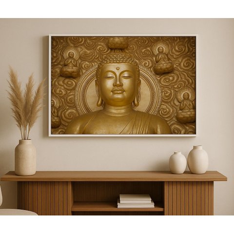 Quadro Canvas Buda Dourado - Horizontal-mold.branca:70x50cm