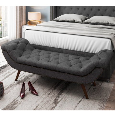 Puff Recamier Decorativo Tamanho Casal com Tachas 140 cm Santorini P05 Linho Cinza Escuro - Lyam Dec