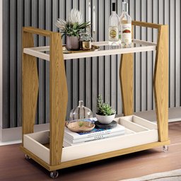 Carrinho Bar para Sala Espelhado 90cm Prince H01 Off White/Carvalho Intense - Mpozenato - 2