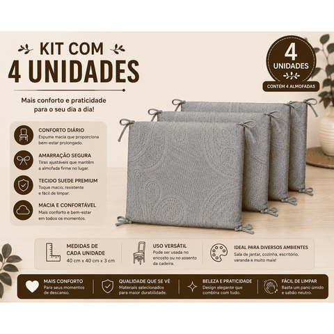 Kit 4 Almofadas para Cadeira 40x40x3cm Assento Encosto Espuma D28 com Amarração Cinza