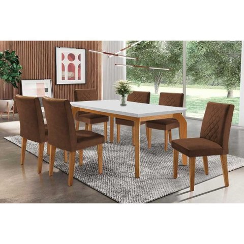 Conjunto: Mesa de Cozinha Londrina C/ Tampo Madeirado Canto Reto 180x90cm e 6 Cadeiras Jade Imbuia-