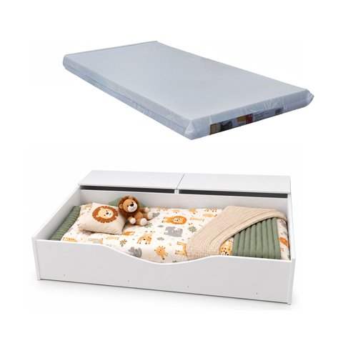 Cama Berço Montessoriana Juvenil c/ 2 Baús e Colchão 100%MDF:Branco