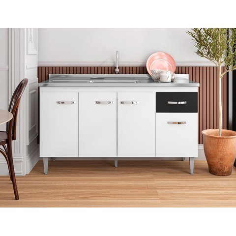 Balcão de Pia Multiuso para Cozinha 1,5m sem Tampo - Gabriela: Branco/preto-flex