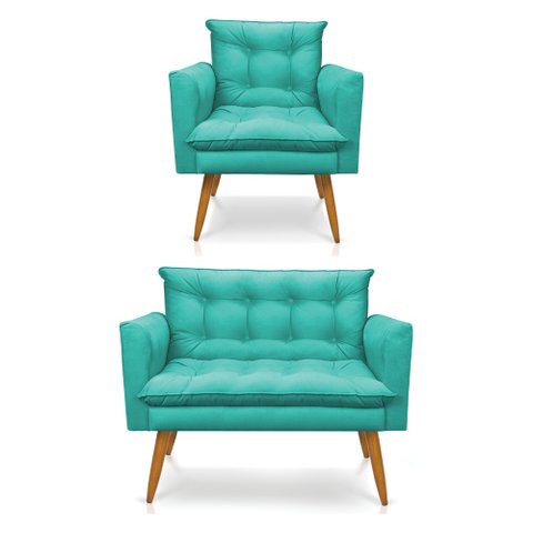 Kit Poltrona e Namoradeira 2 Lugares Olivia Suede Pés Palito Castanho - Pallazio - Azul Turquesa