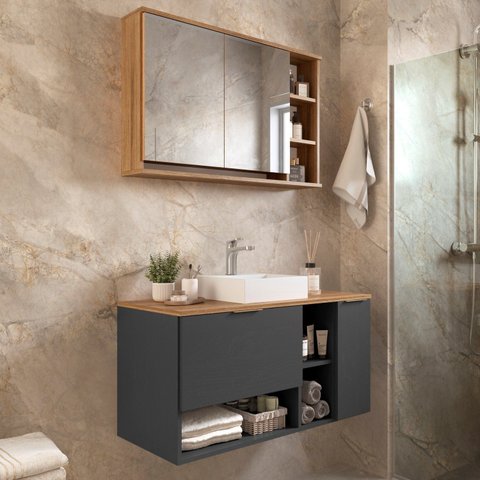 Gabinete de Banheiro com Espelheira e Cuba 90cm Essence BA308/EP400